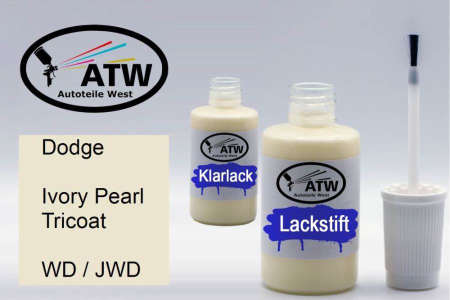Dodge, Ivory Pearl Tricoat, WD / JWD: 20ml Lackstift + 20ml Klarlack - Set, von ATW Autoteile West.